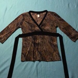𝅺BRITTANY BLACK blouse V-neck 3/4 sleeve attached belt multi color size L